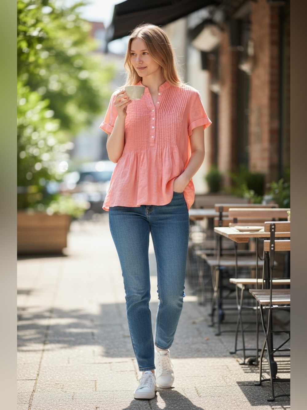 Island Company Coral Pintuck Linen Peplum Blouse
